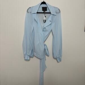 NWT NY 77 Design Celine Blouse Long Sleeve Wrap Top Light Blue Cotton Size 1